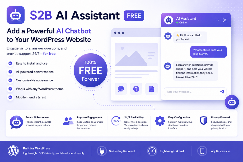 S2B AI Assistant wordpress plugin AI, content aware chatbot, AI Agents and images creator using ChatGPT API